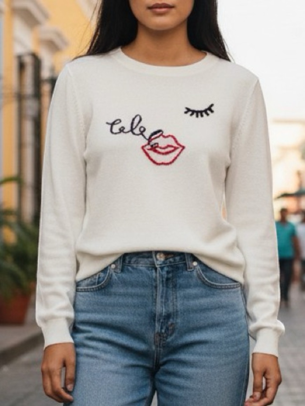 Banana Republic Lala Face Sweater White Lips Graphic Cotton Pullover Parisian XS